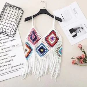 Top Cropped Boho de Crochê Granny Square com Franjas — Estilo Verão para Mulheres e Teens na Praia