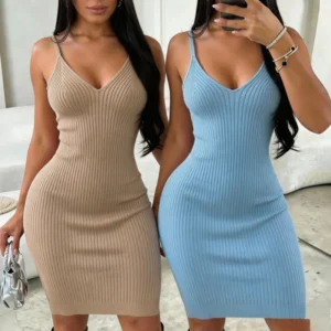 Vestido bodycon midi (sundress), malha  tricô canelada, decote V e alças finas — look    festas balada Casual  sofisticado