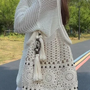 Bolsa Feminina Hylhexyr com Tassel de Contas de Madeira – Modelo de Ombro em tricô e Algodão Fechamento por Zíper